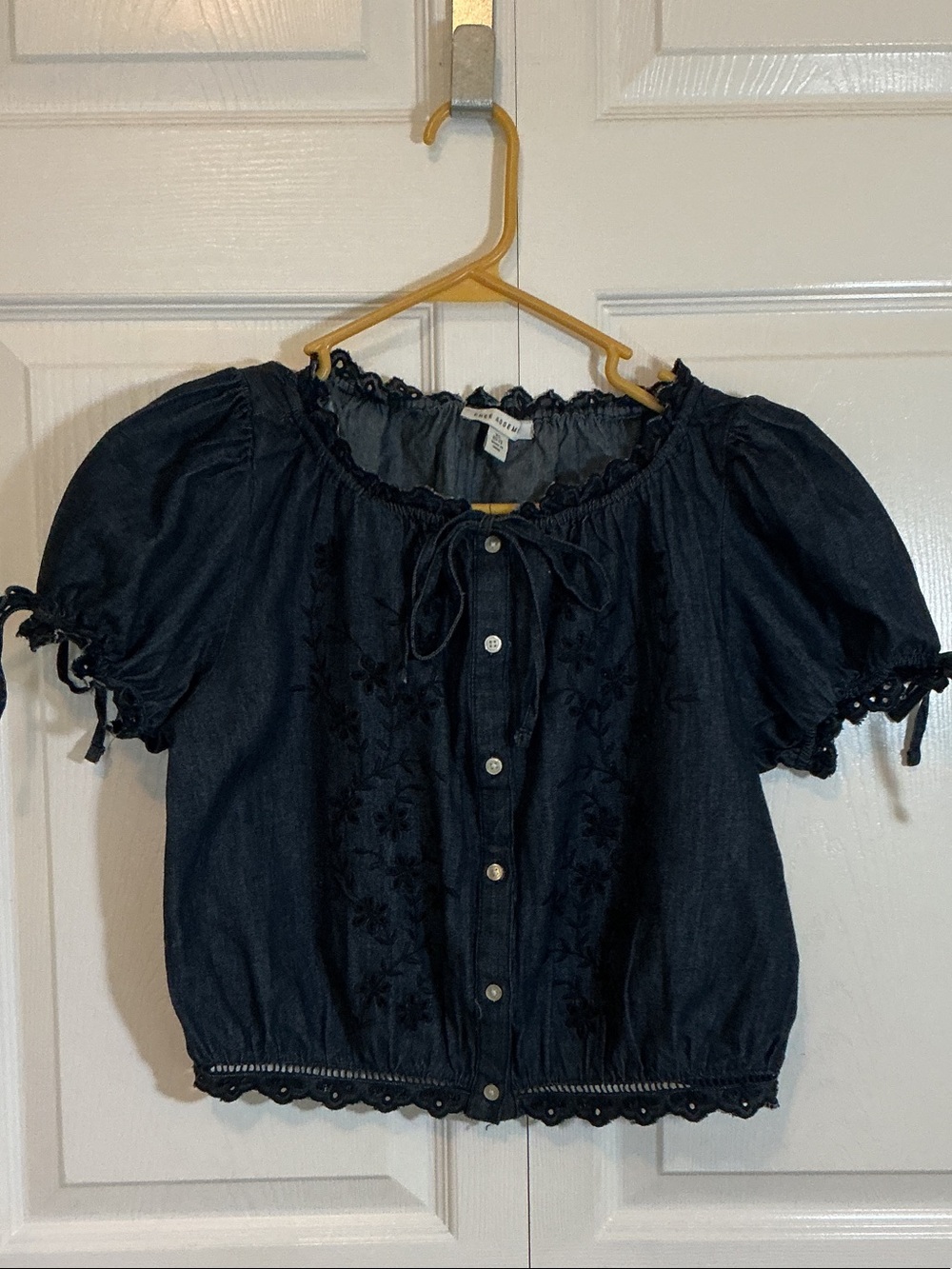 No Boundaries Navy Blue Embroidered Button-Front Peasant Top